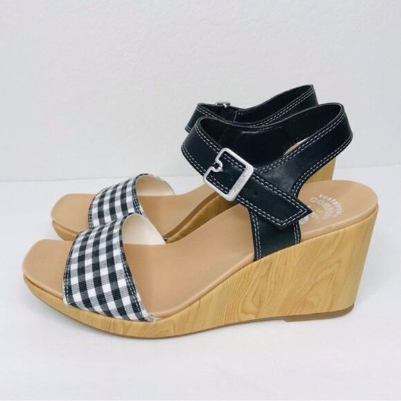 New! Dr. Scholl’s Glimmer Faux Leather Gingham Canvas Platform Wedge Sandals - Picture 4 of 12